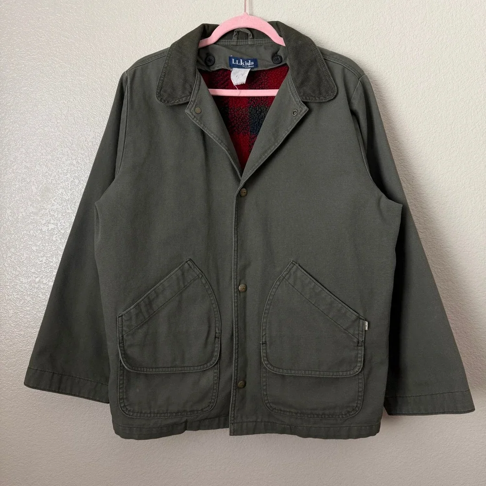 Vintage LL Bean Kids Removable Sherpa Lined Barn Coat Canvas Jacket Green XL